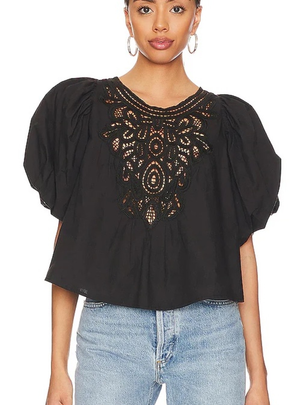 Free People Bardot Lace Puff Sleeve Top Black – Size Small